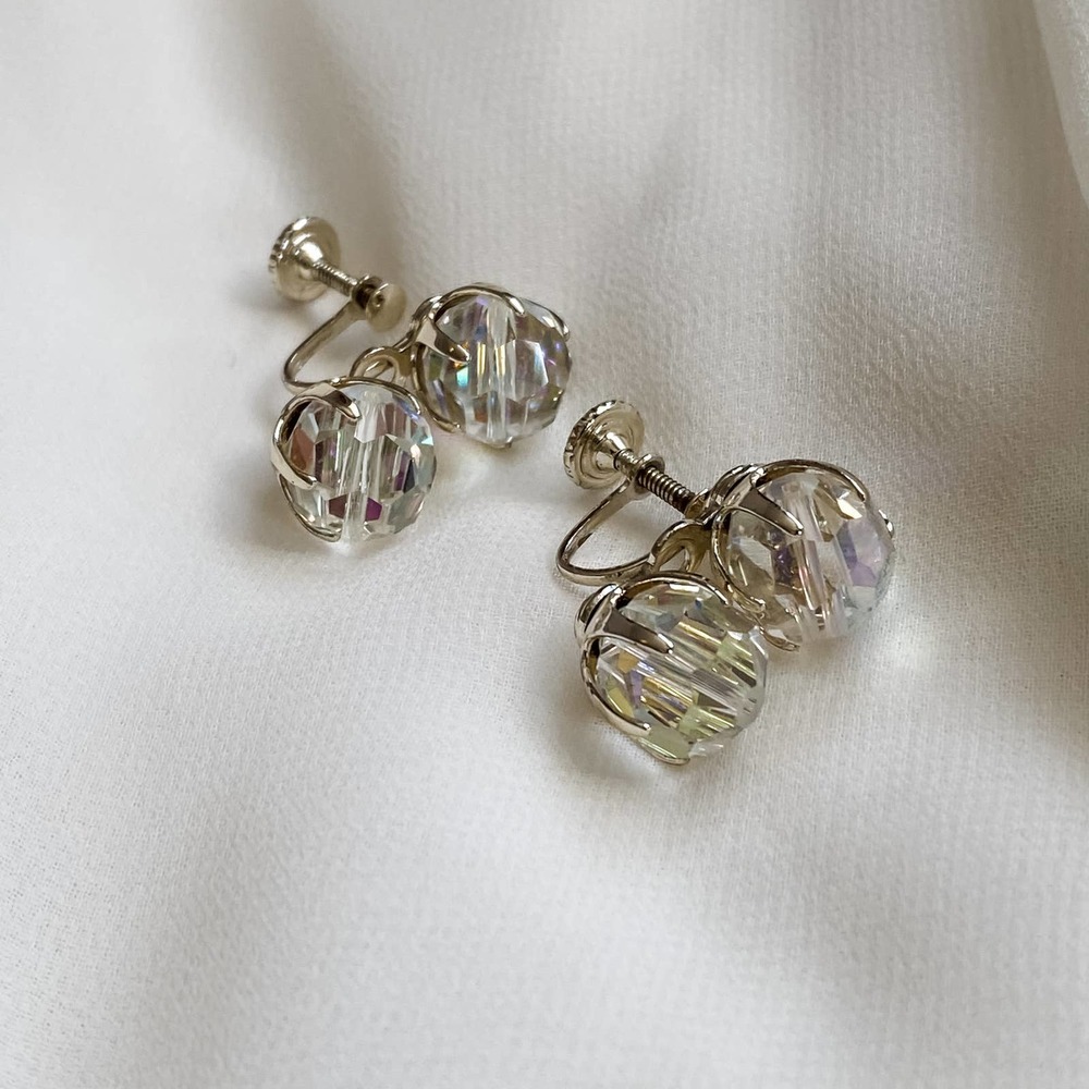 VTG Clear Iridescent Double Bead Earrings